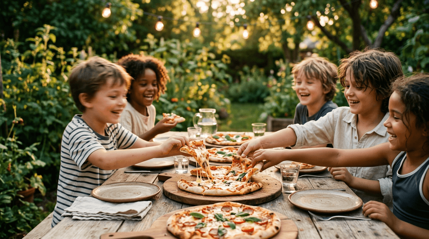 Letná rodinná atmosféra — deti a pizza pri stole v teplom zlatom svetle